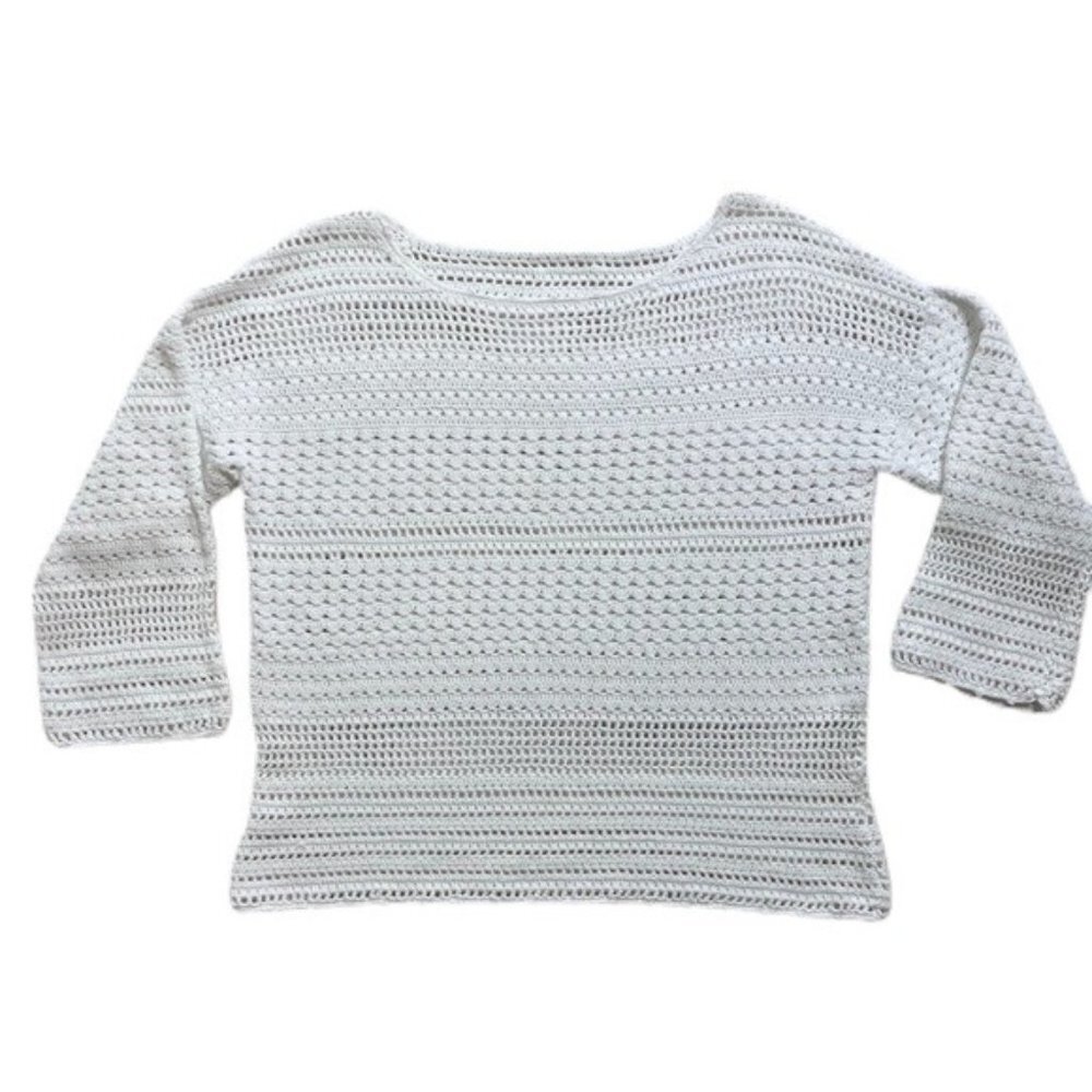 Crochet White Hanmade 3/4 Sleeve Top M